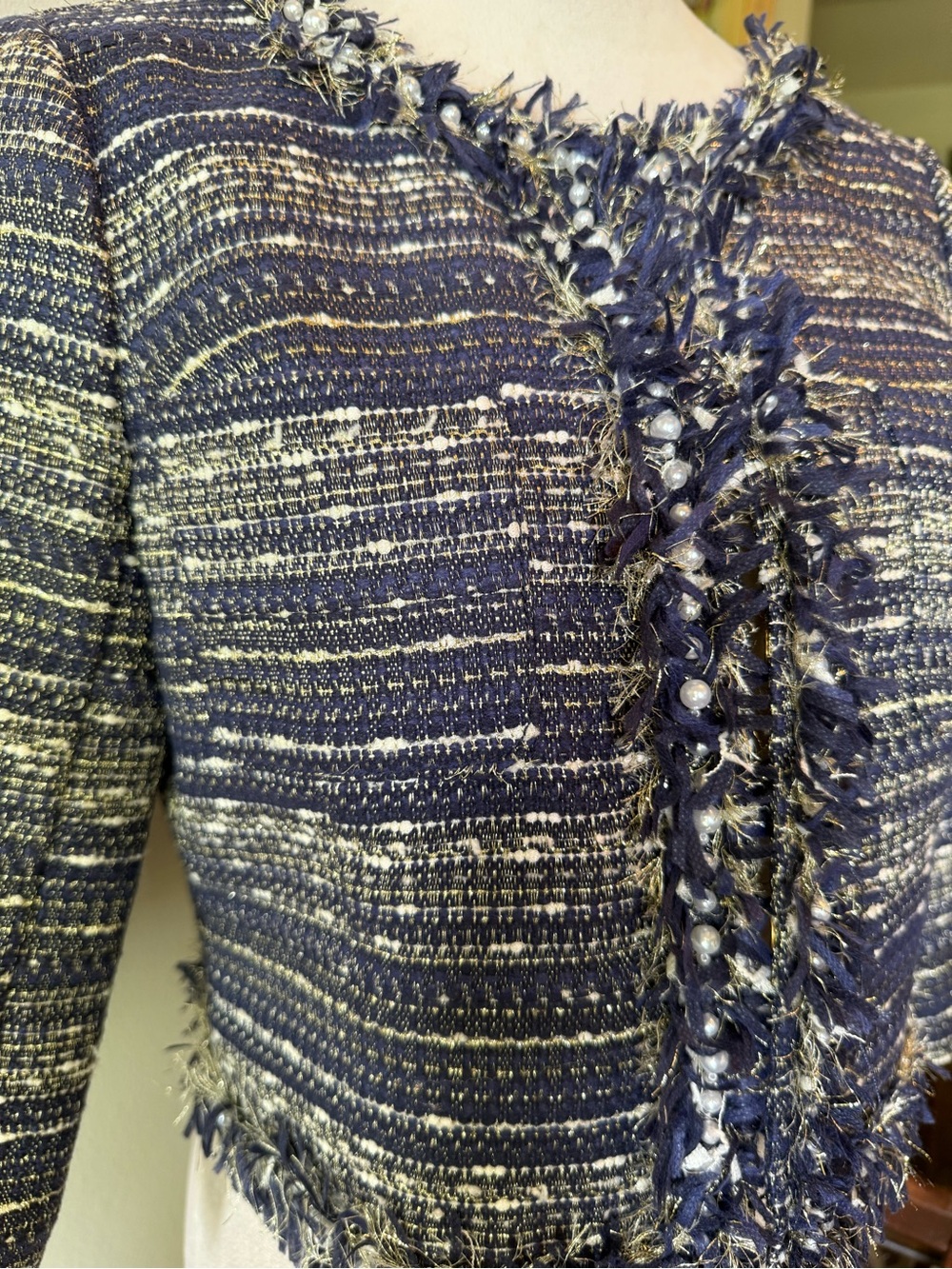 Lilly Pulitzer Navy and Ivory Tweed Fringe Cropped Jacket - Picture 2 of 7